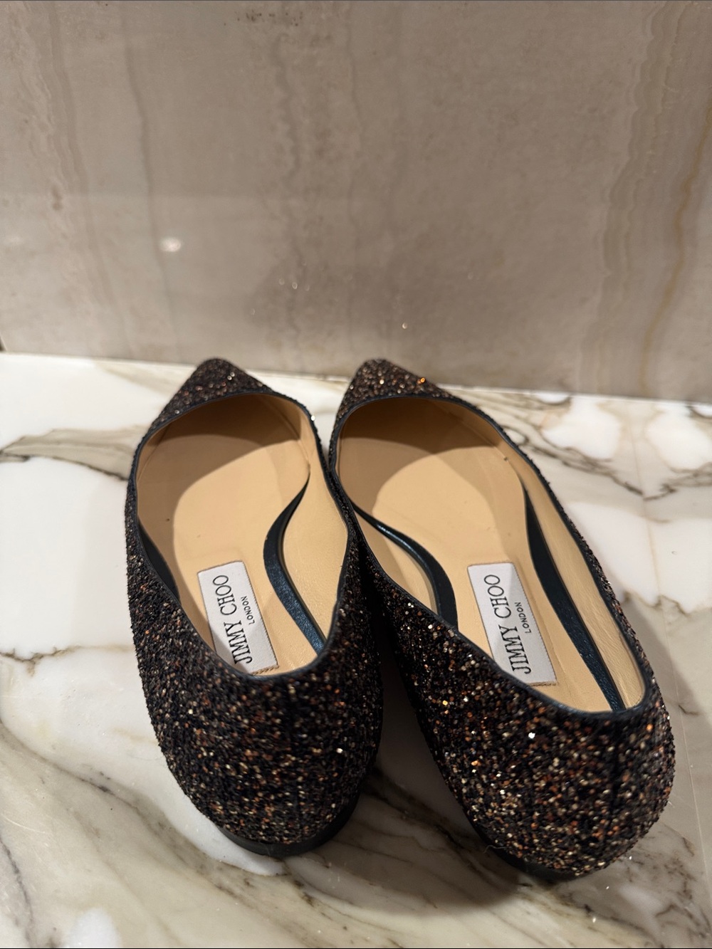 Jimmy Choo Black and Bronze Glitter Pointed-Toe Flats - Picture 3 of 10